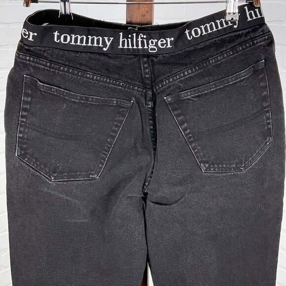 Tommy Jeans Juniors 13 31Wx29.5L Black Logo Tape Waist Cotton Taper 80s VTG - Picture 3 of 12